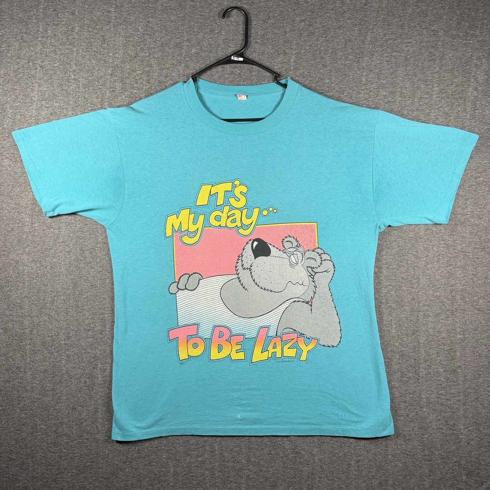 Vintage Sun Sportswear Lazy Bear Graphic T Shirt Turquoise Single Stitch